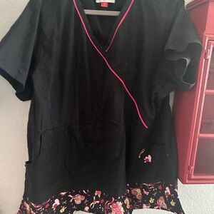 Mary Engelbreit Black Scrub Blouse with Pink Trim breast cancer awareness top